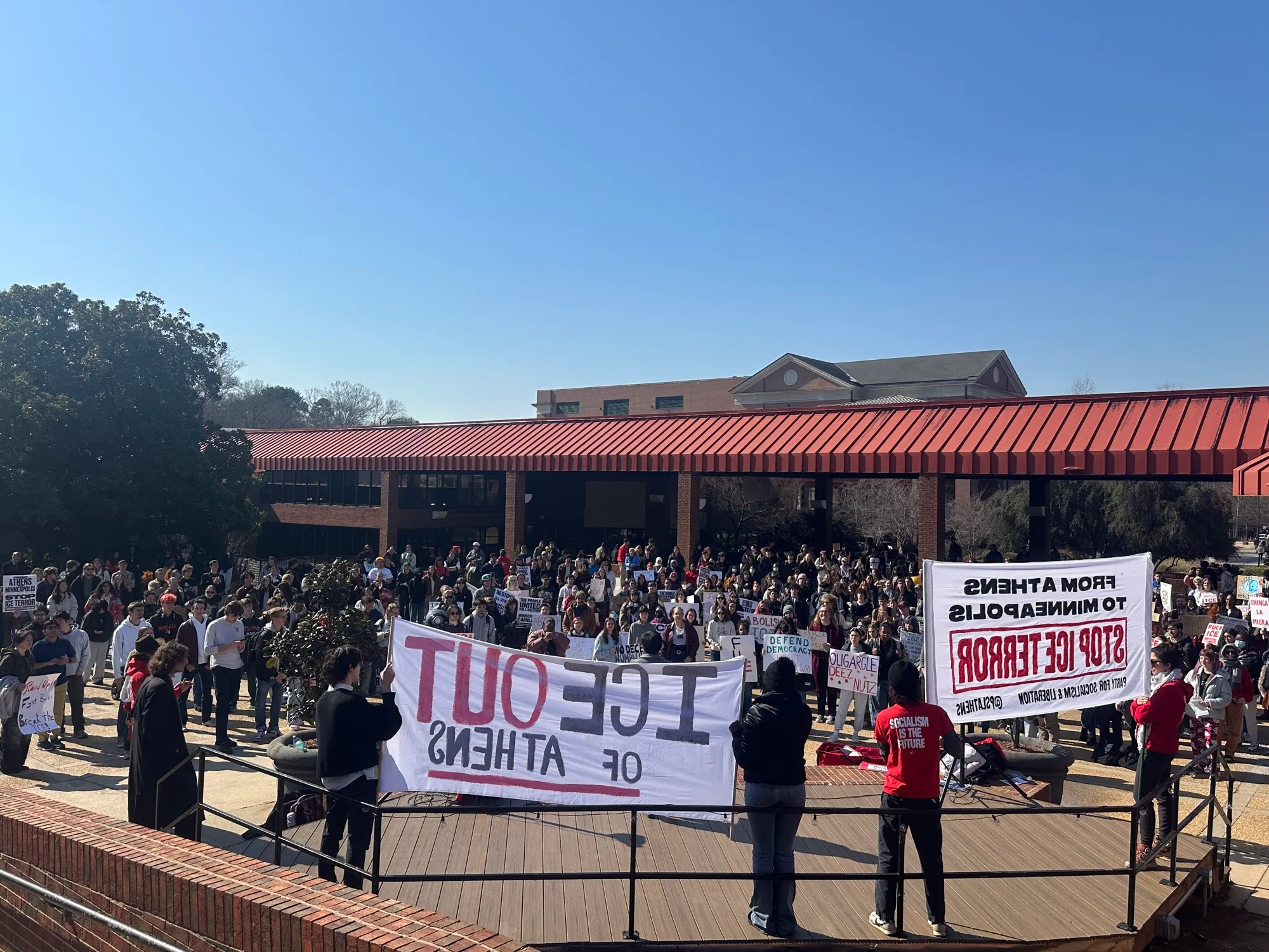 University of Georgia students rally against U.S. Immigration and Customs Enforcement at the Tate Student Center on Friday, Jan. 30, 2026. Protesters call for action to remove the agency from Athens. (Photo/Grace Park)