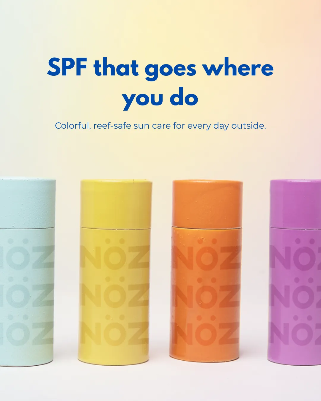 Instagram post for Nöz showing four neon SPF sticks with the headline SPF that goes where you do
