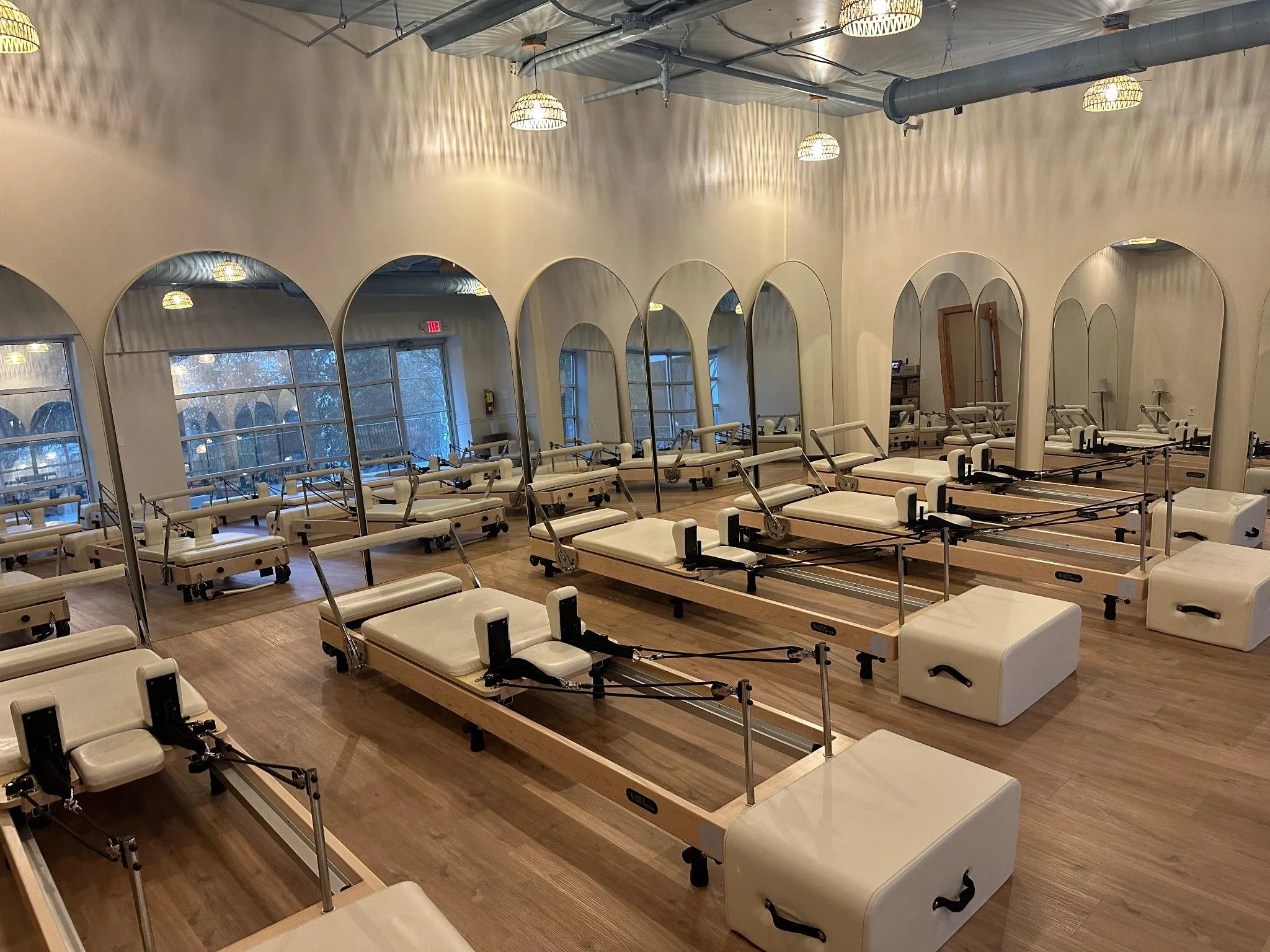 Reformer machines line the studio floor at SCLPT Studio in Athens, Ga. (Photo/Grace Park)